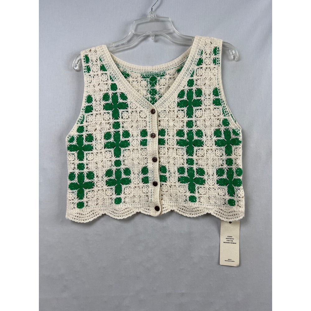 Shein Lune Crochet Sweater Vest Women Size M Green Cream Granny Square Button Up